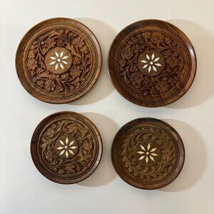 Hand Carved Wooden Decorative Coasters Set Of 4 Floral Inlay Design India VTG